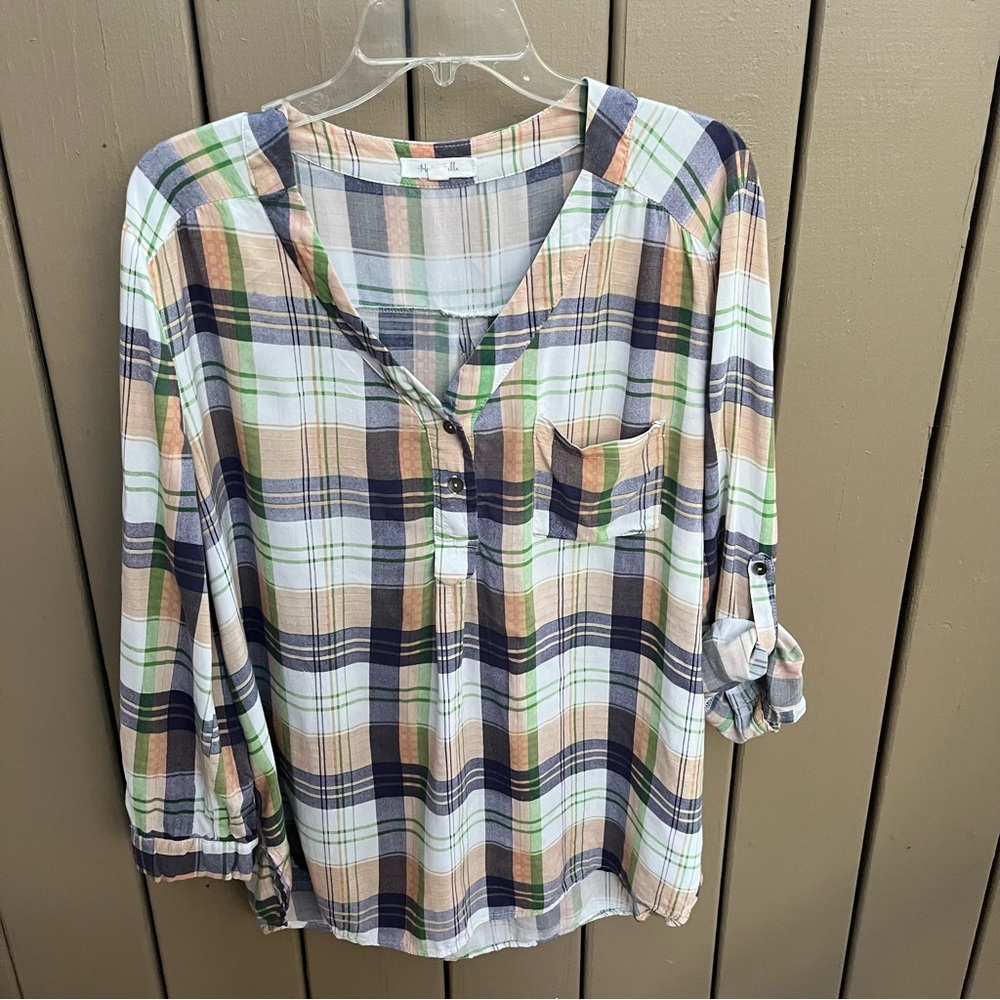 Honey Belle plaid button up long sleeve soft v-neck blouse top